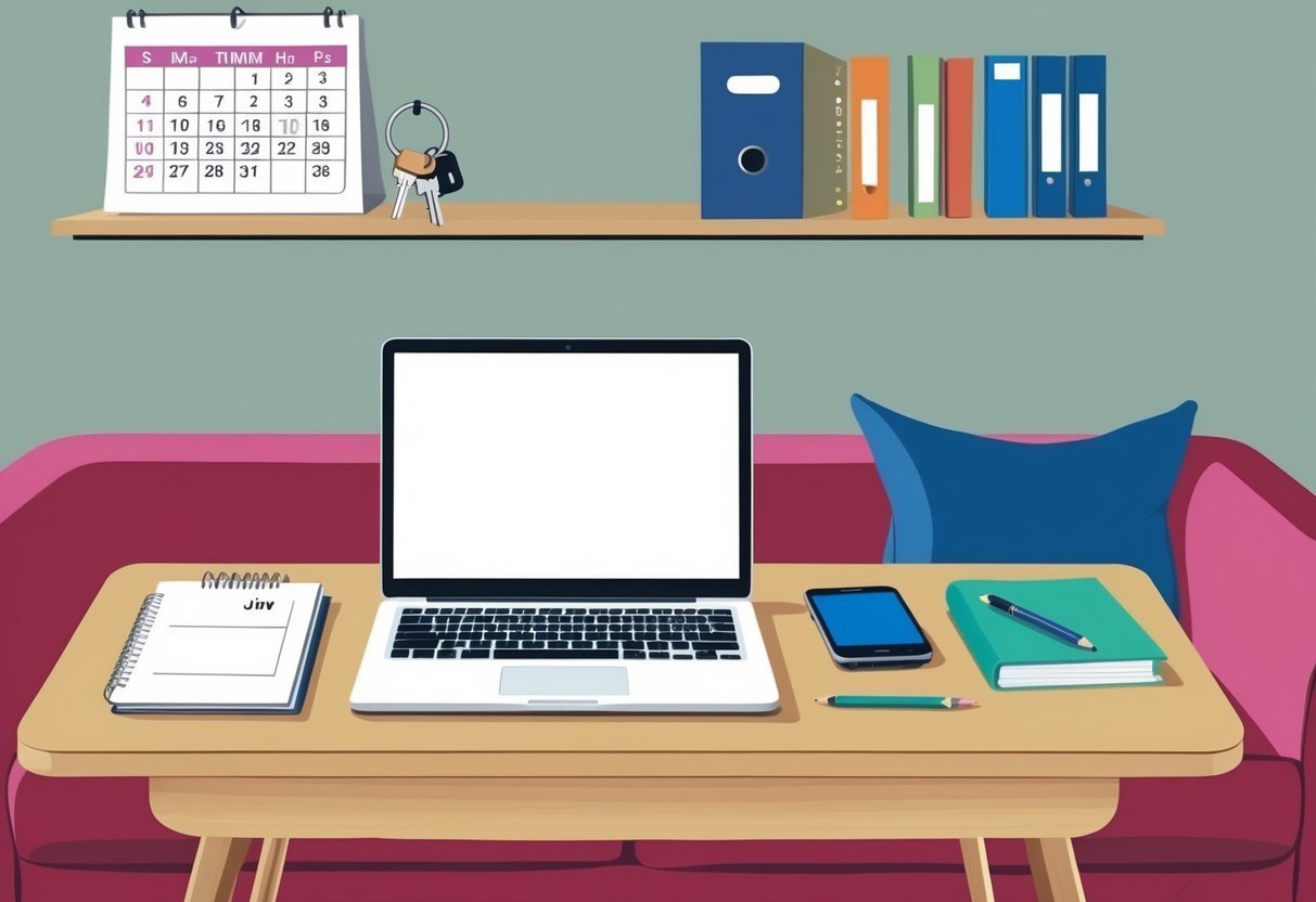 Laptop, notebook, phone, and calendar on a desk in a room