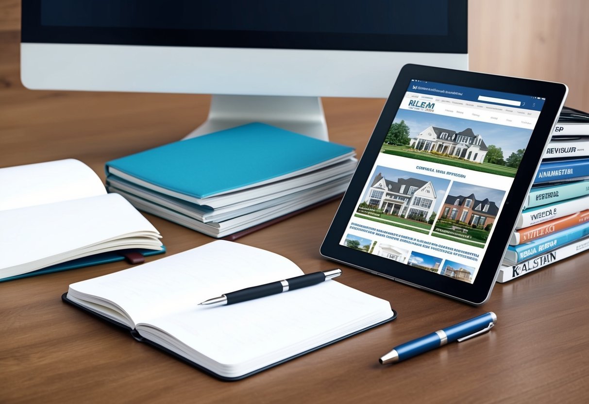 A desk with a computer, open notebook, and pen.</p><p>A stack of real estate magazines and a tablet with a real estate news website open