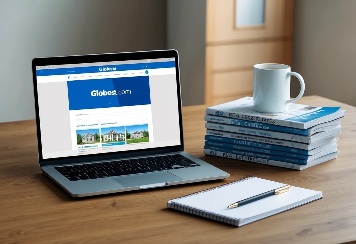 A desk with a laptop, coffee mug, and open browser showing GlobeSt.com.</p><p>A stack of real estate magazines and a notepad with pen sit nearby