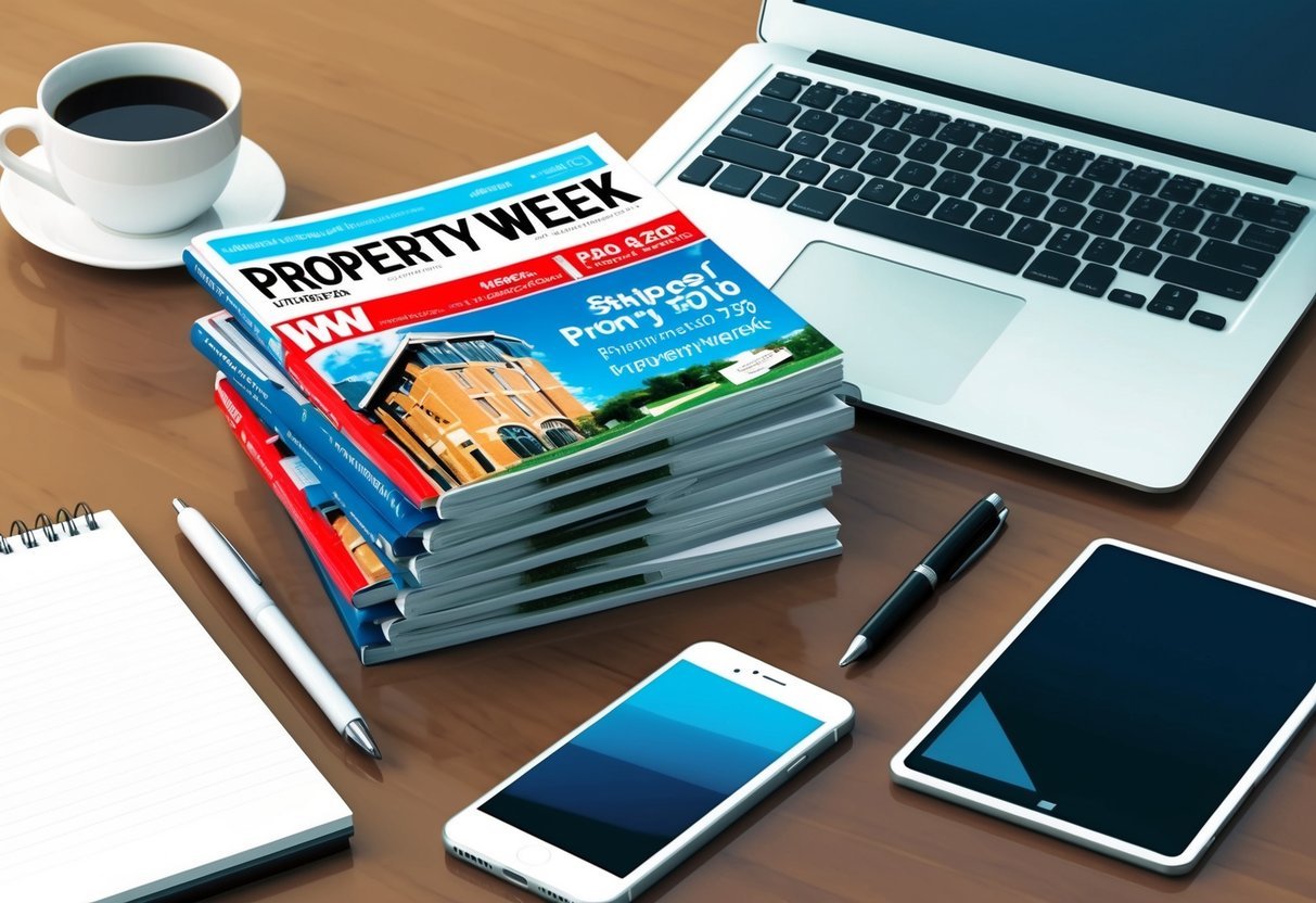 A stack of Property Week magazines surrounded by a laptop, tablet, and smartphone on a desk.</p><p>A pen and notepad sit nearby