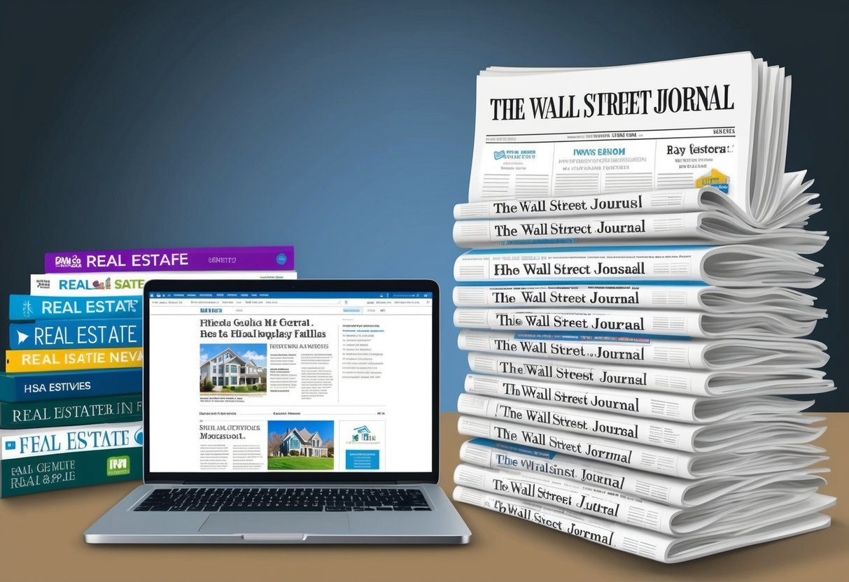 A stack of newspapers with "The Wall Street Journal" logo on the top, surrounded by real estate-related magazines and a laptop showing a real estate news website