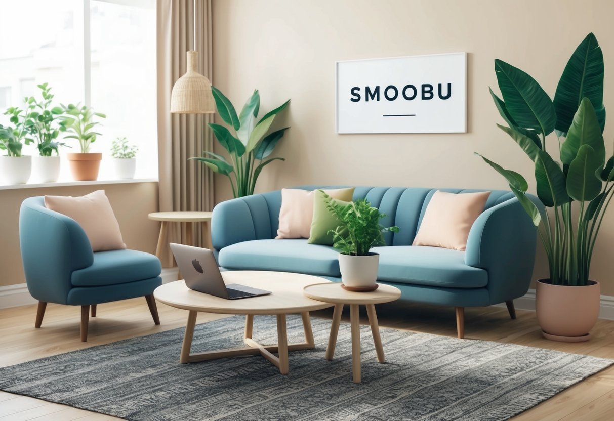 A cozy living room with a modern sofa, coffee table, and potted plants.</p><p>A laptop, smartphone, and Smoobu logo are displayed on the table