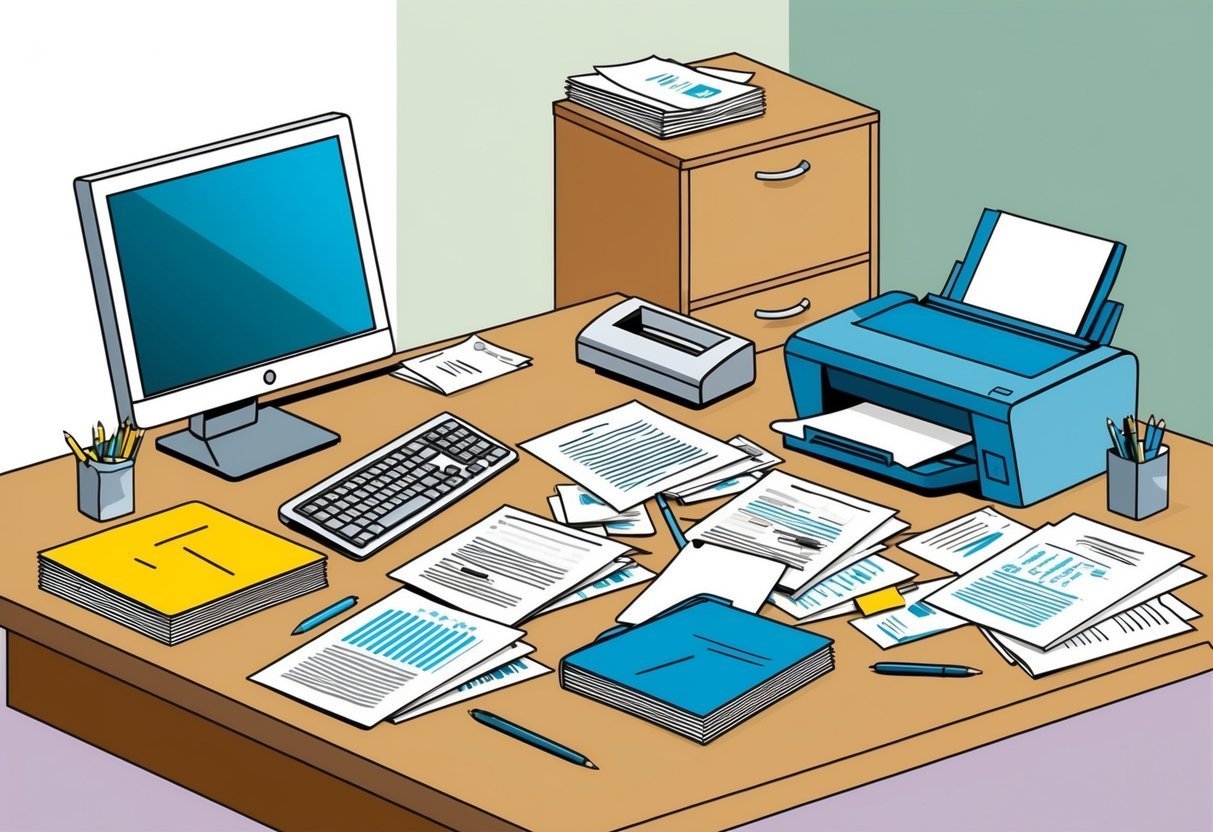 Messy office desk with computer, printer, and scattered papers