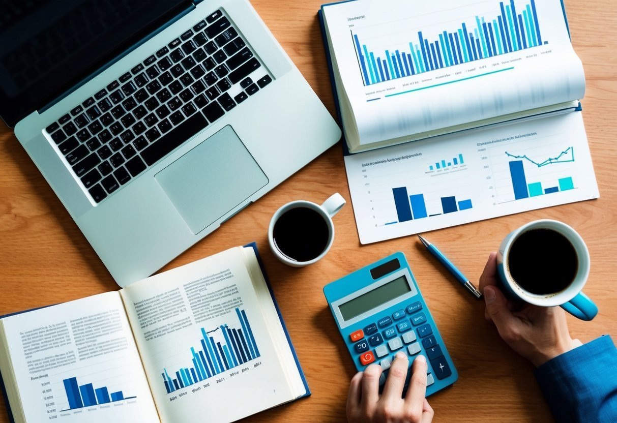 Laptop, charts, calculator, and coffee on a wooden desk