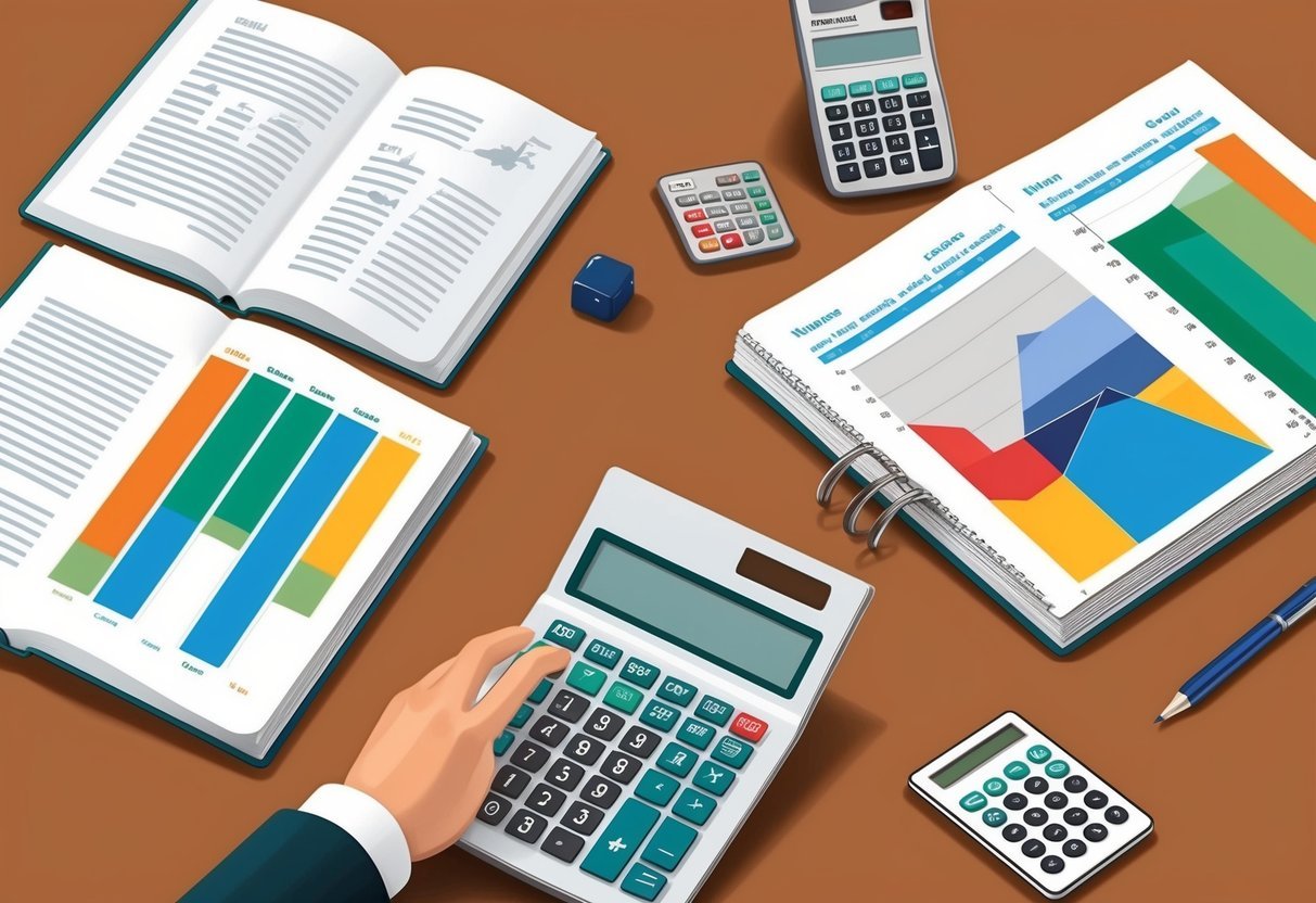 A desk with open book, calculator, and real estate investment charts