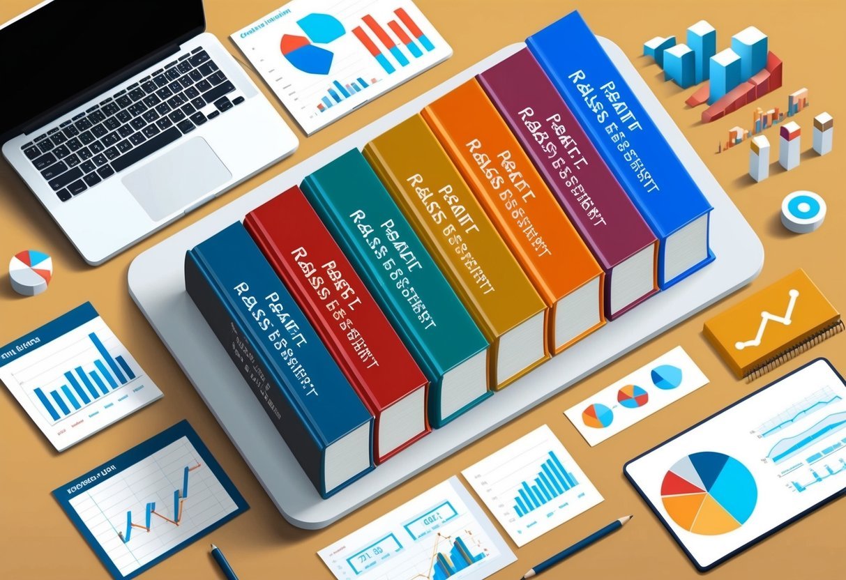 A table with six books on real estate investment, surrounded by charts, graphs, and a laptop