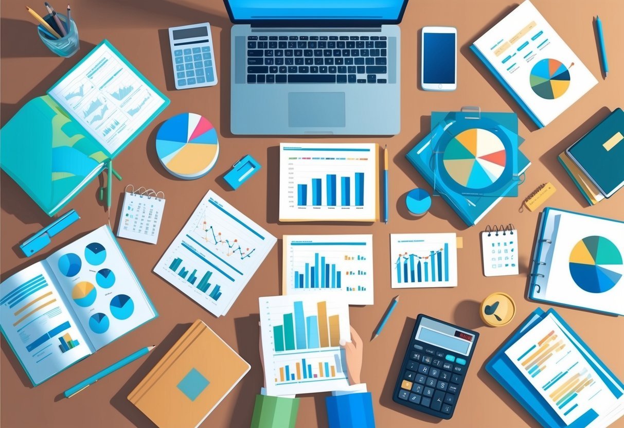 A diverse set of resources - books, charts, and financial reports - lay scattered on a desk, surrounded by a laptop and calculator