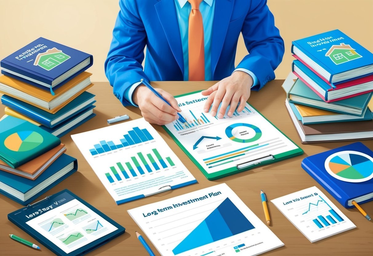 A person studying real estate investment materials, surrounded by books, charts, and graphs, with a long-term vs. short-term investment plan comparison on the table