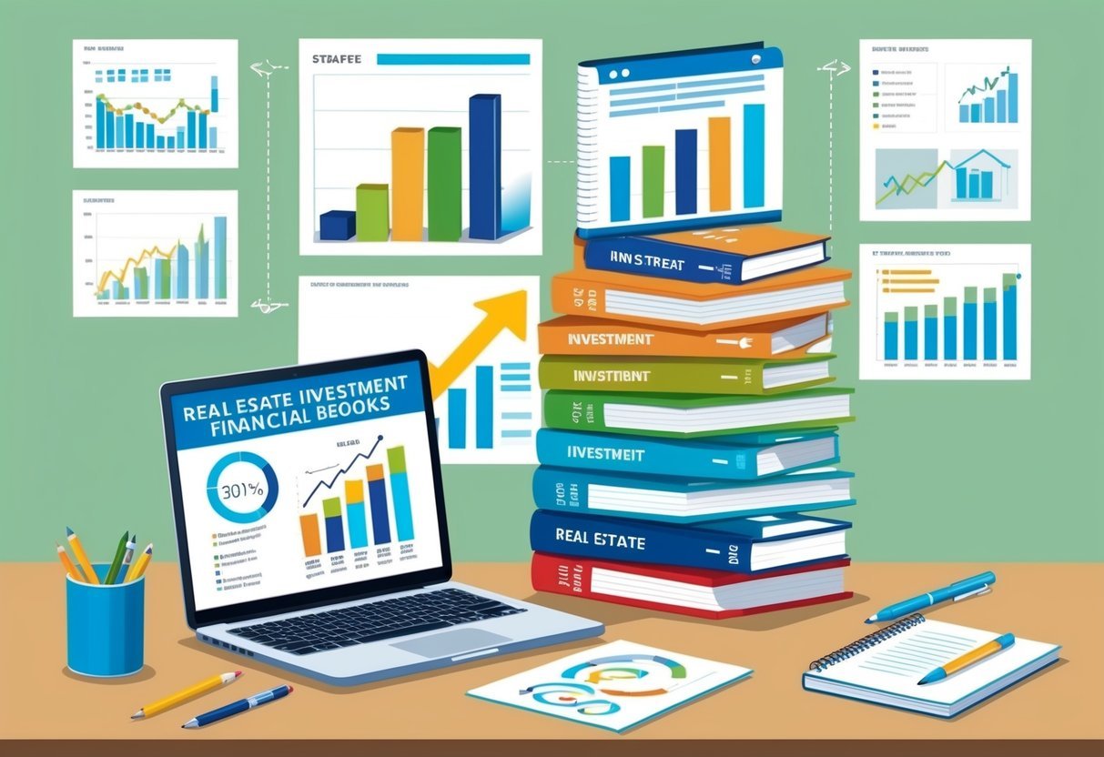 A stack of real estate investment books surrounded by charts, graphs, and financial reports.</p><p>A laptop displaying investment strategies.</p><p>A pen and notebook for note-taking