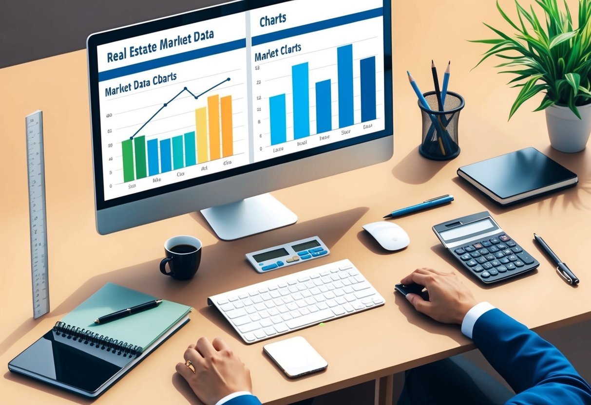 A desk with a computer screen displaying real estate market data charts, surrounded by a ruler, calculator, notebook, pen, smartphone, and a cup of coffee