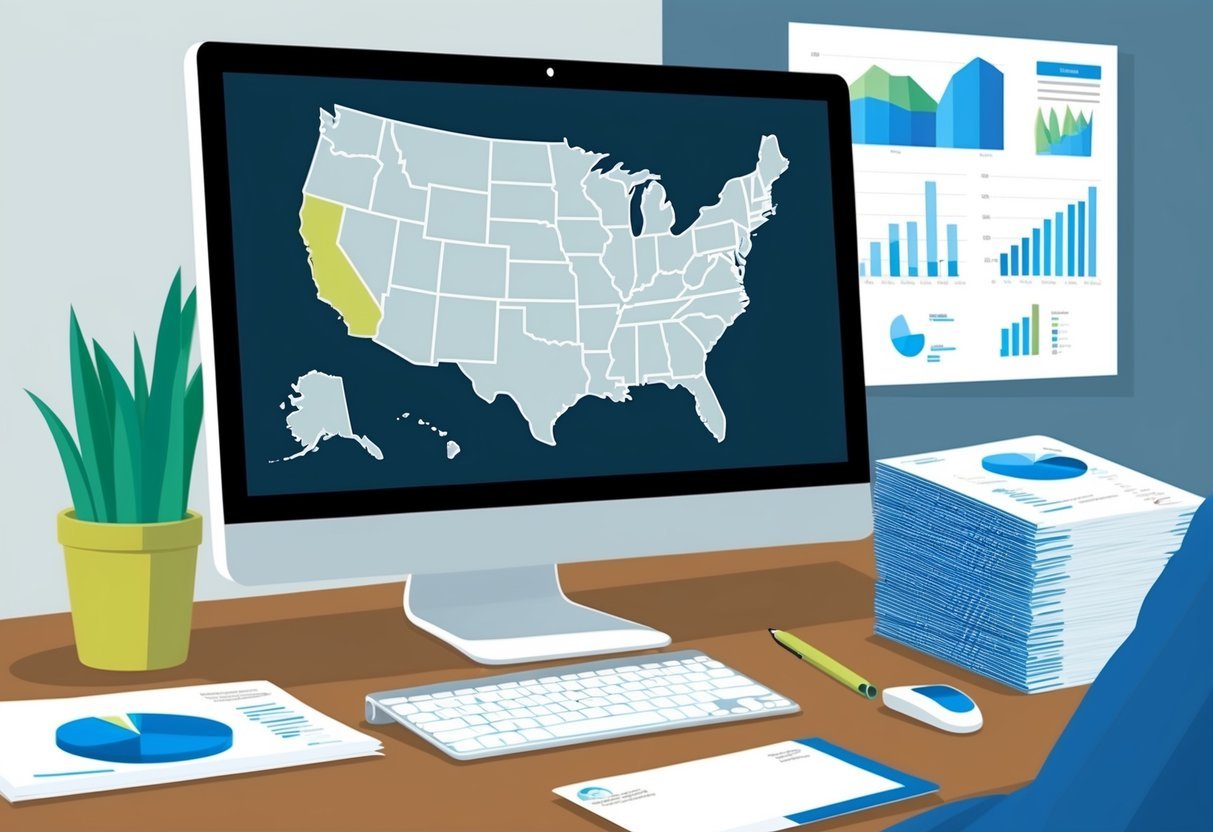 A desk with a computer, charts, and graphs.</p><p>A map of the US with highlighted areas.</p><p>A stack of real estate reports and a pen