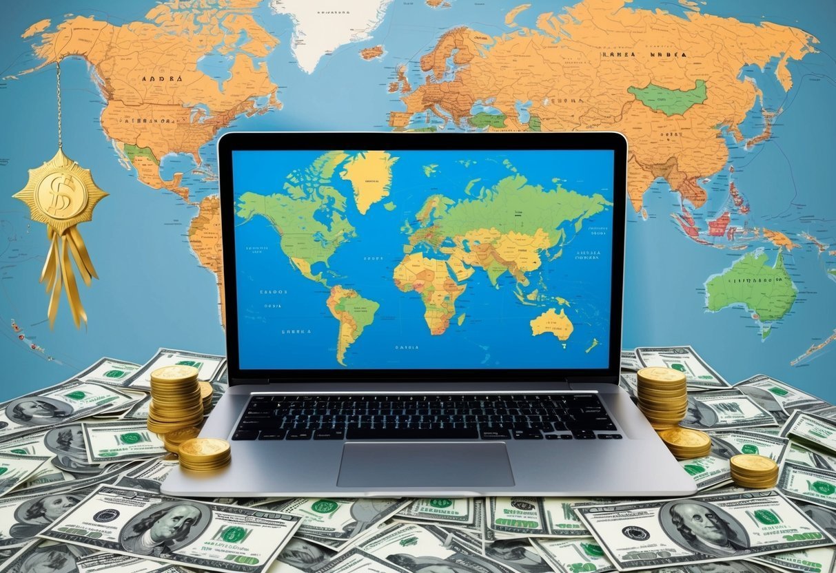 Laptop with world map, money, and gold medal against a world map