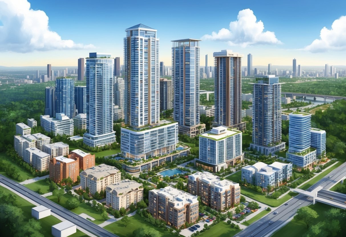 A bustling city skyline with various real estate properties, including high-rise buildings and residential homes, surrounded by greenery and infrastructure