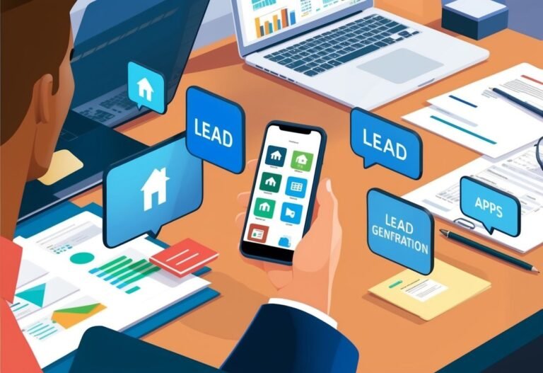 Person using smartphone with lead generation and real estate app icons