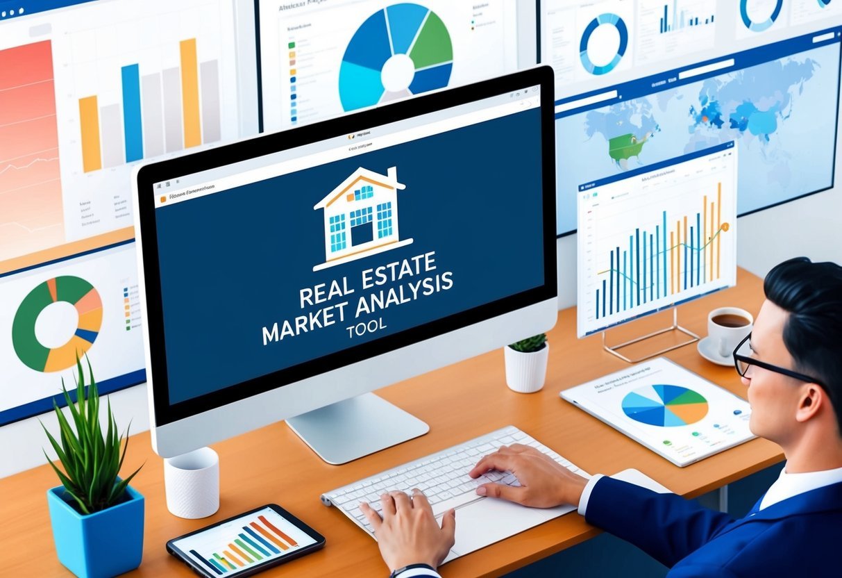 A desk with a computer displaying a real estate market analysis tool, surrounded by charts, graphs, and maps