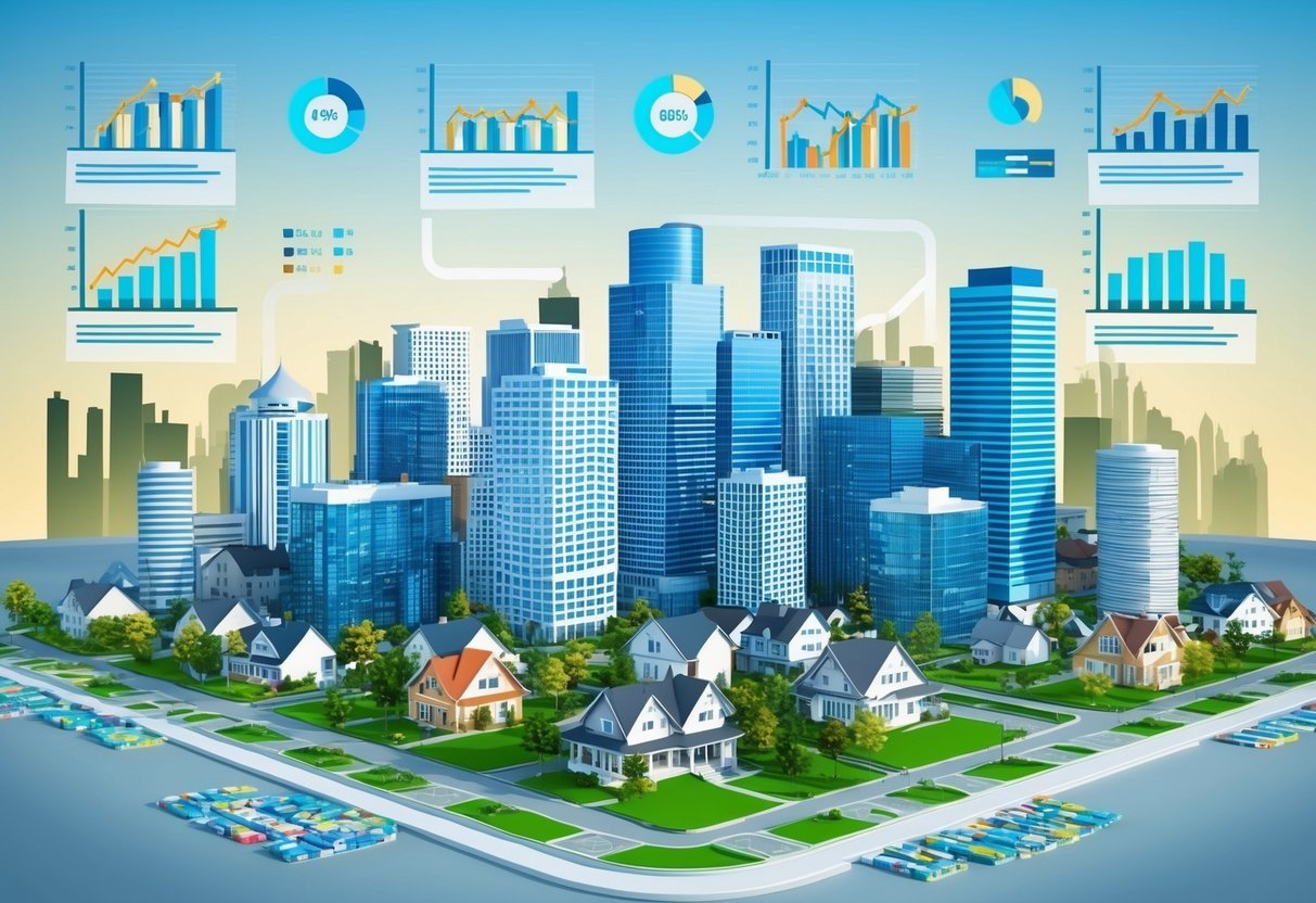 A bustling city skyline with a mix of high-rise buildings and residential homes, surrounded by charts and graphs showing fluctuating supply and demand trends