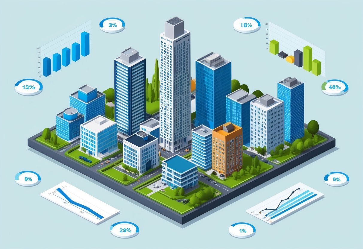 A city skyline with various types of buildings, including residential and commercial properties, surrounded by graphs and charts showing supply and demand trends in the real estate market