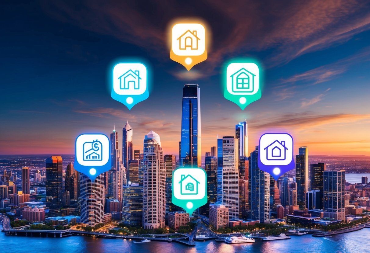 A bustling city skyline with eight glowing app icons hovering above, each representing a different aspect of real estate lead generation