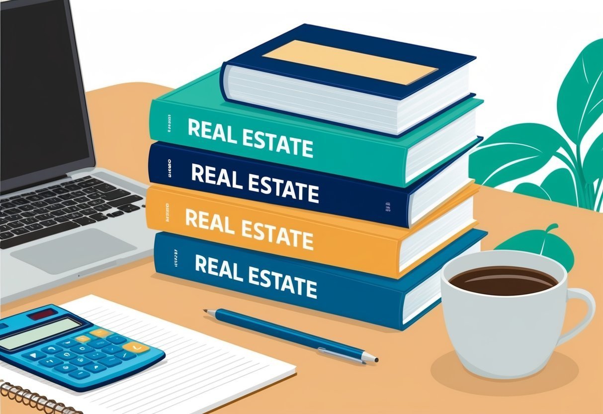 Stack of "Real Estate" books, laptop, calculator, coffee, and pen